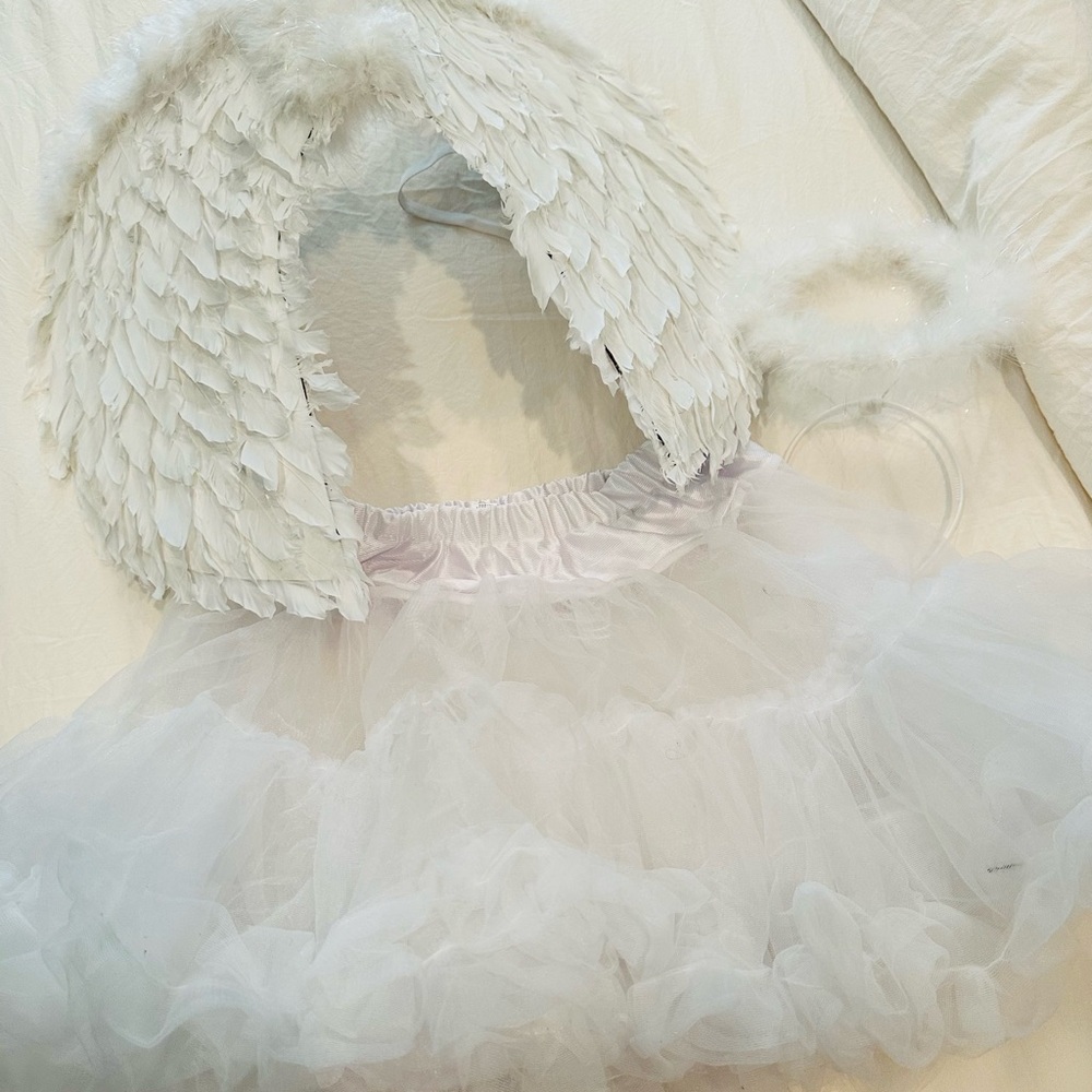 White Angel Costume with Wings, fluffy skirt, and Halo